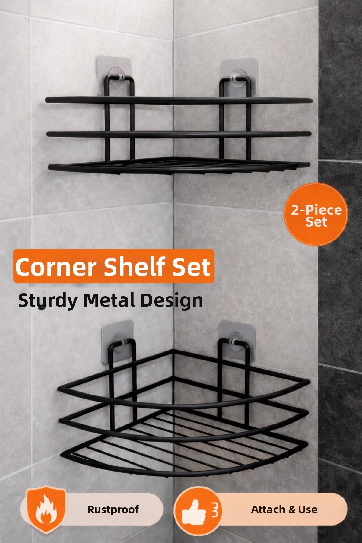 ERD & EMA HOME Черна силна лепилна единична ъглова рафт за баня 2 рафтове за ...