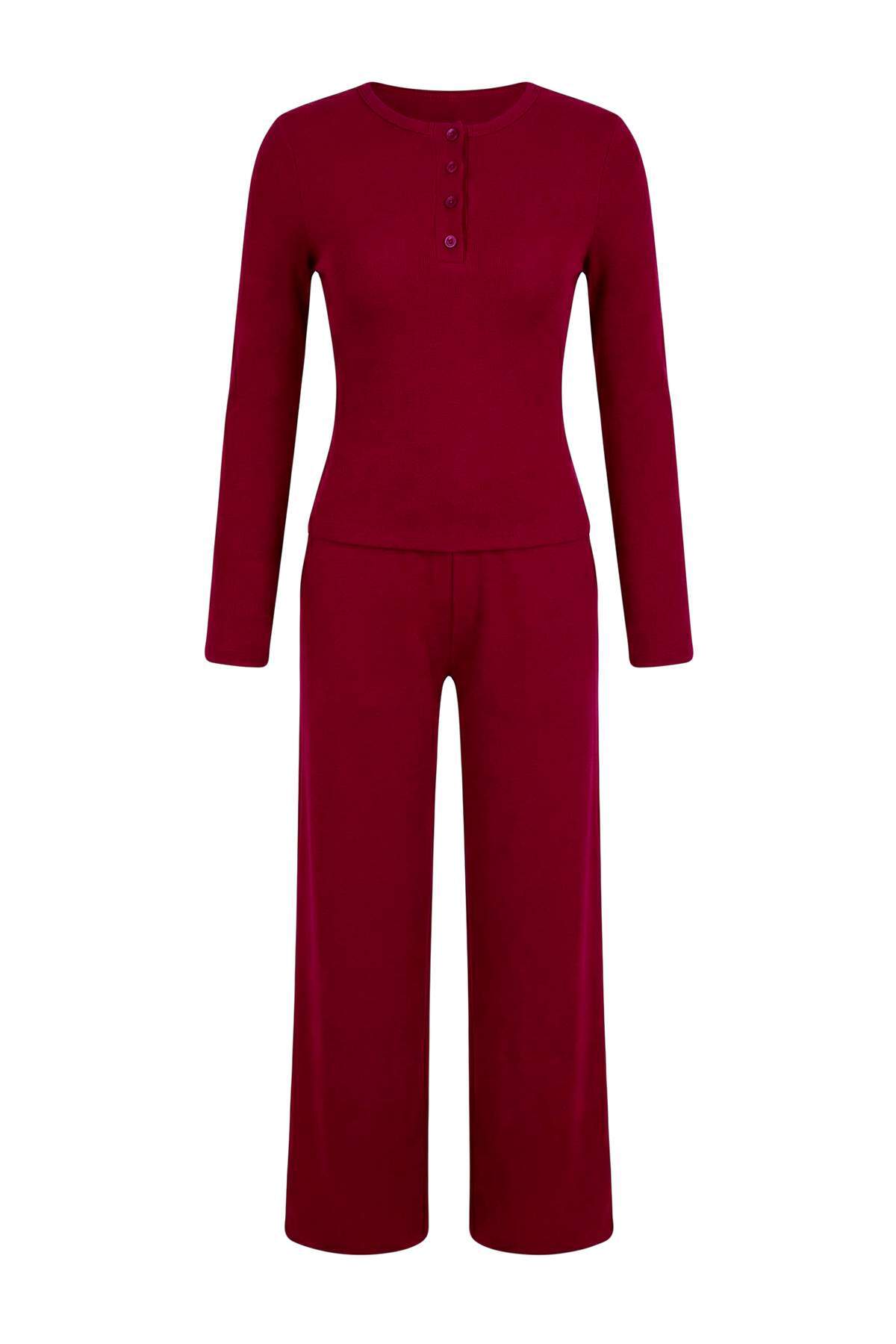 Trendyolmilla  Bordo Fitted/Vücuda Oturan Patlı Uzun Kollu Esnek Örme Alt - Üst Takım TWOSS26AU00007 - Görsel 5