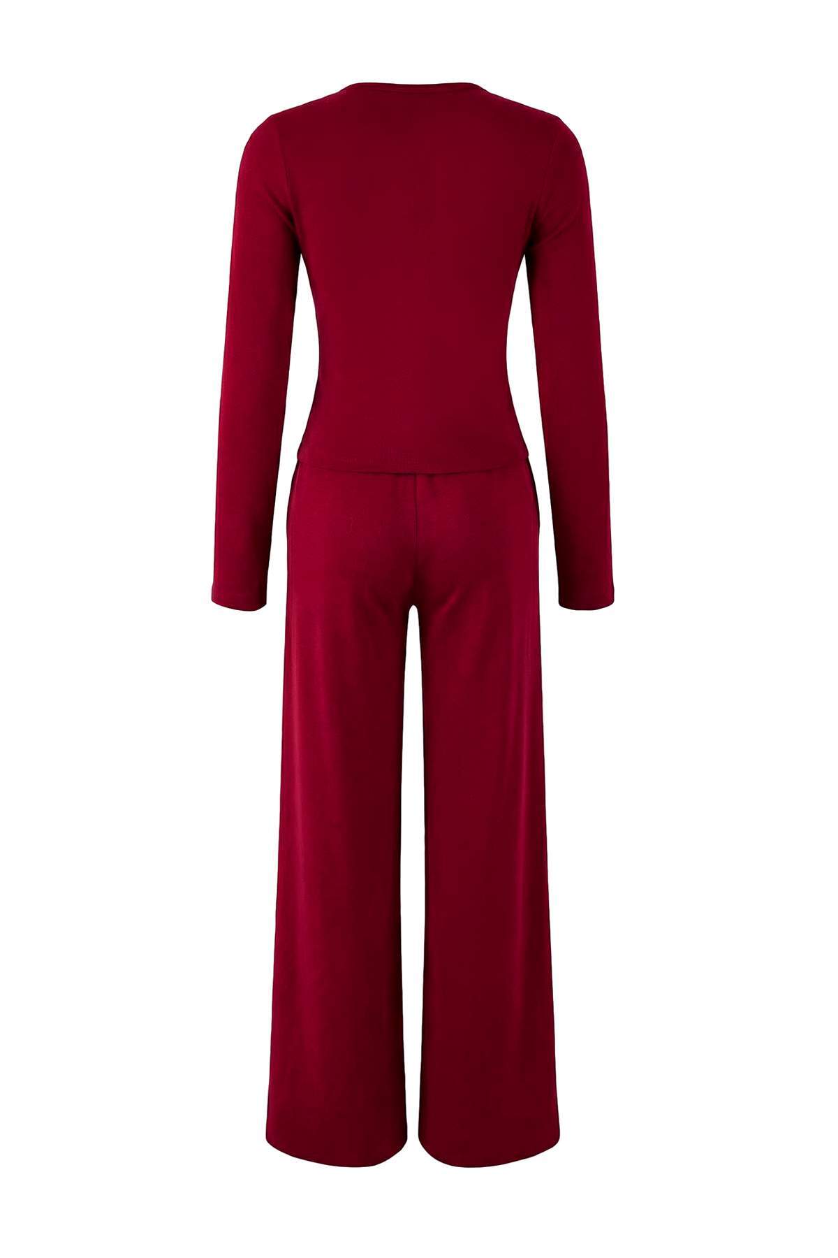 Trendyolmilla  Bordo Fitted/Vücuda Oturan Patlı Uzun Kollu Esnek Örme Alt - Üst Takım TWOSS26AU00007 - Görsel 6