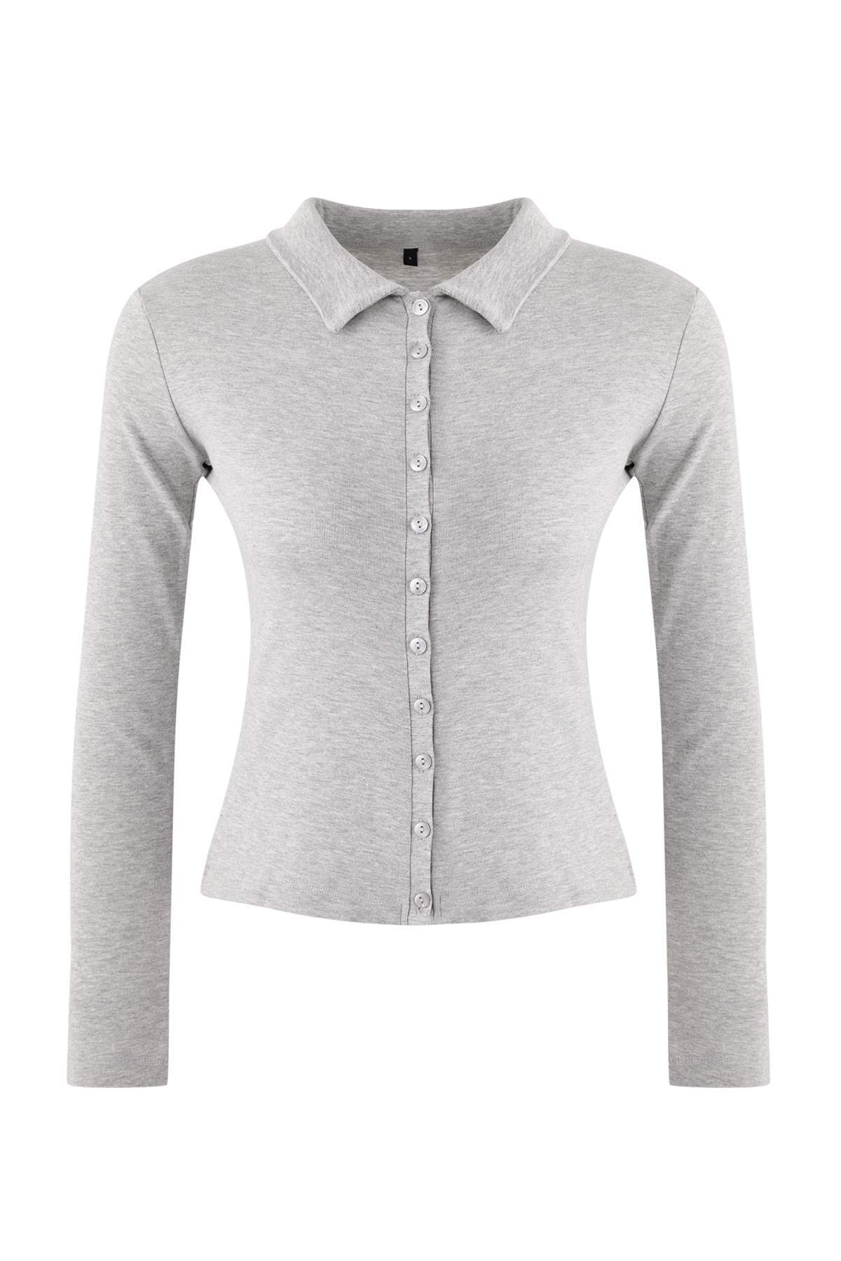 Trendyolmilla  Wardrobe Essentials-Gri Melanj Fitted/Vücuda Oturan Polo Yaka Örme Bluz TWOSS26BZ00066 - Görsel 5