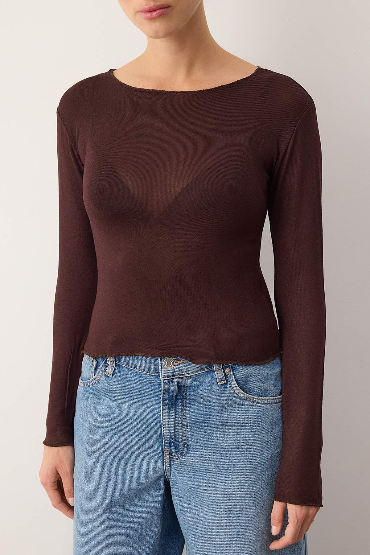 Trendyolmilla  Kahverengi Transparan Esnek Vücuda Oturan Örme Bluz TWOAW26BZ00306 - Görsel 3