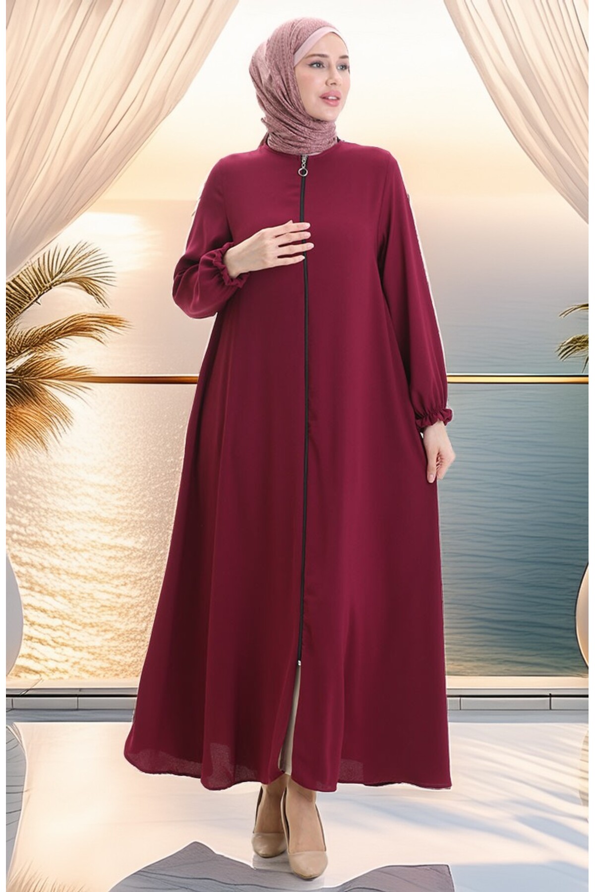 sefamerve  Fermuarlı Mevlana Ferace 4106-05 Bordo - Görsel 5
