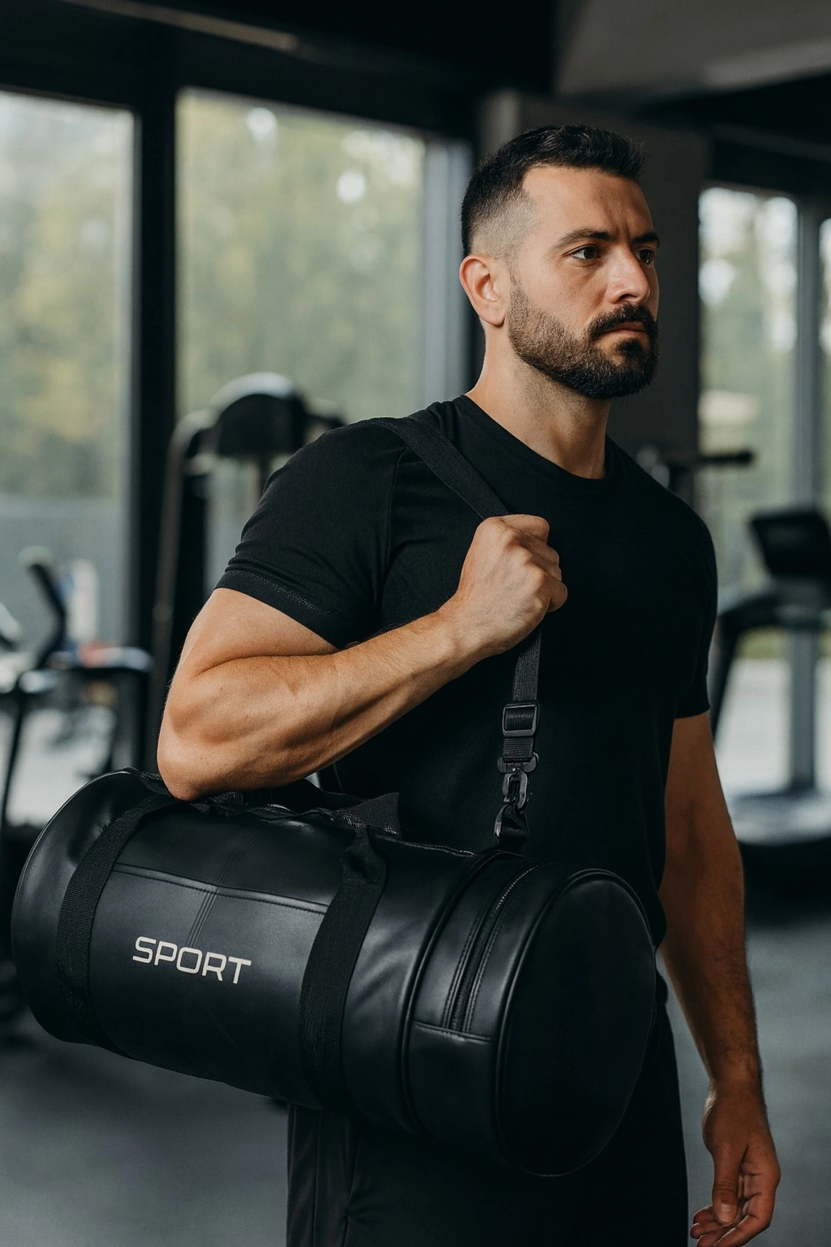 LUGMO Suni Deri Unisex Askılı Silindir Spor Çantası Fitness Çantası