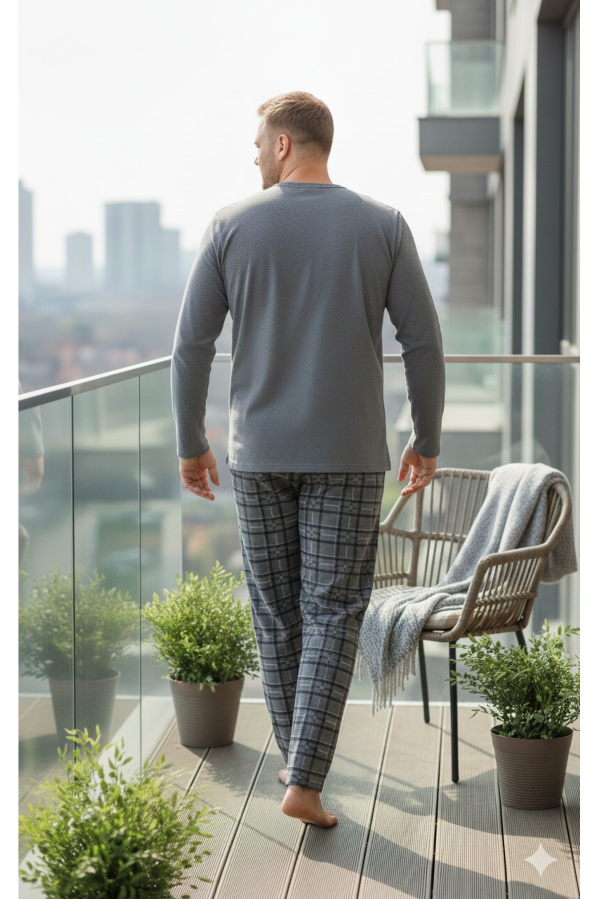 Sude HOMEWEAR Erkek Uzun Kol Antrasit Renk Yarım Pat Düğmeli Büyük Beden Pijama Takımı görsel 3