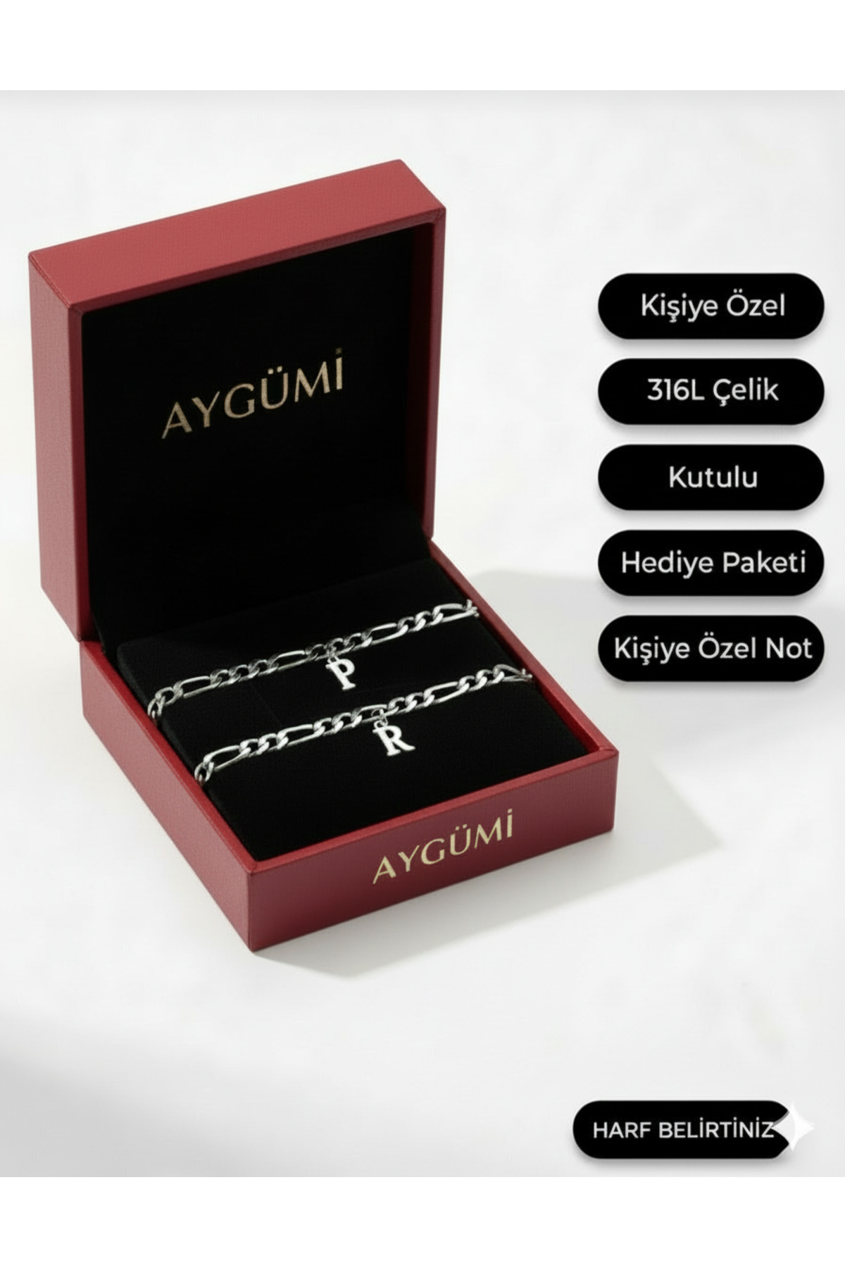 Miyoste Yılbaşı Hediyesi 2li Kararmaz Çelik Kutulu Ikili Zincir Harfli Sevgili/çift Bilekliği Bileklik Harf