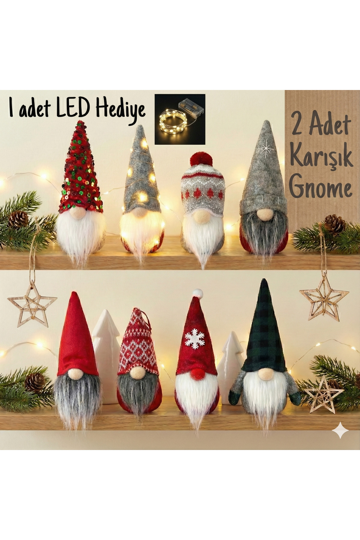 Kelira LED+ yılbaşı süsü Gnome yılbaşı cücesi 17 cm 2 adet karışık gönderilir