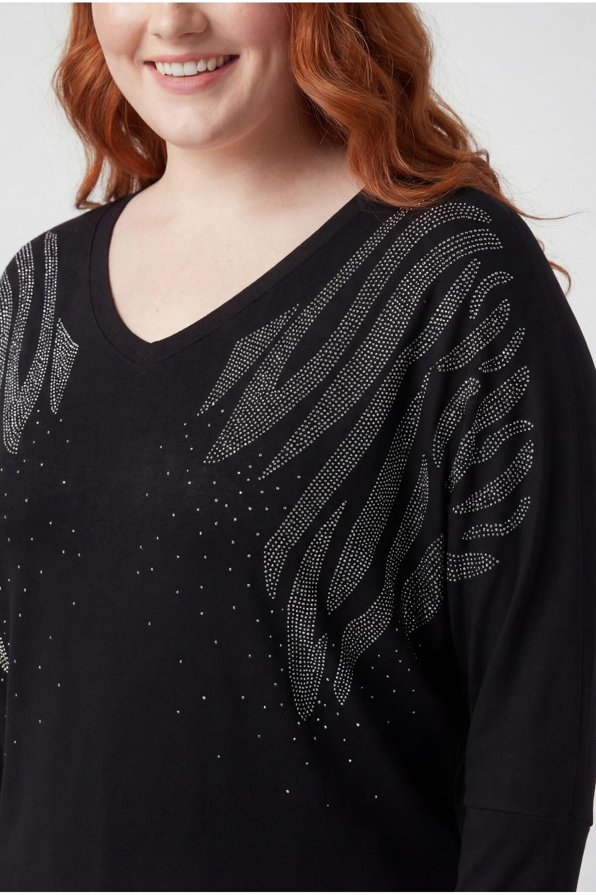 Ebsumu  Kadın Büyük Beden Yarasa Kol Taş Desenli Siyah Bluz - Görsel 5