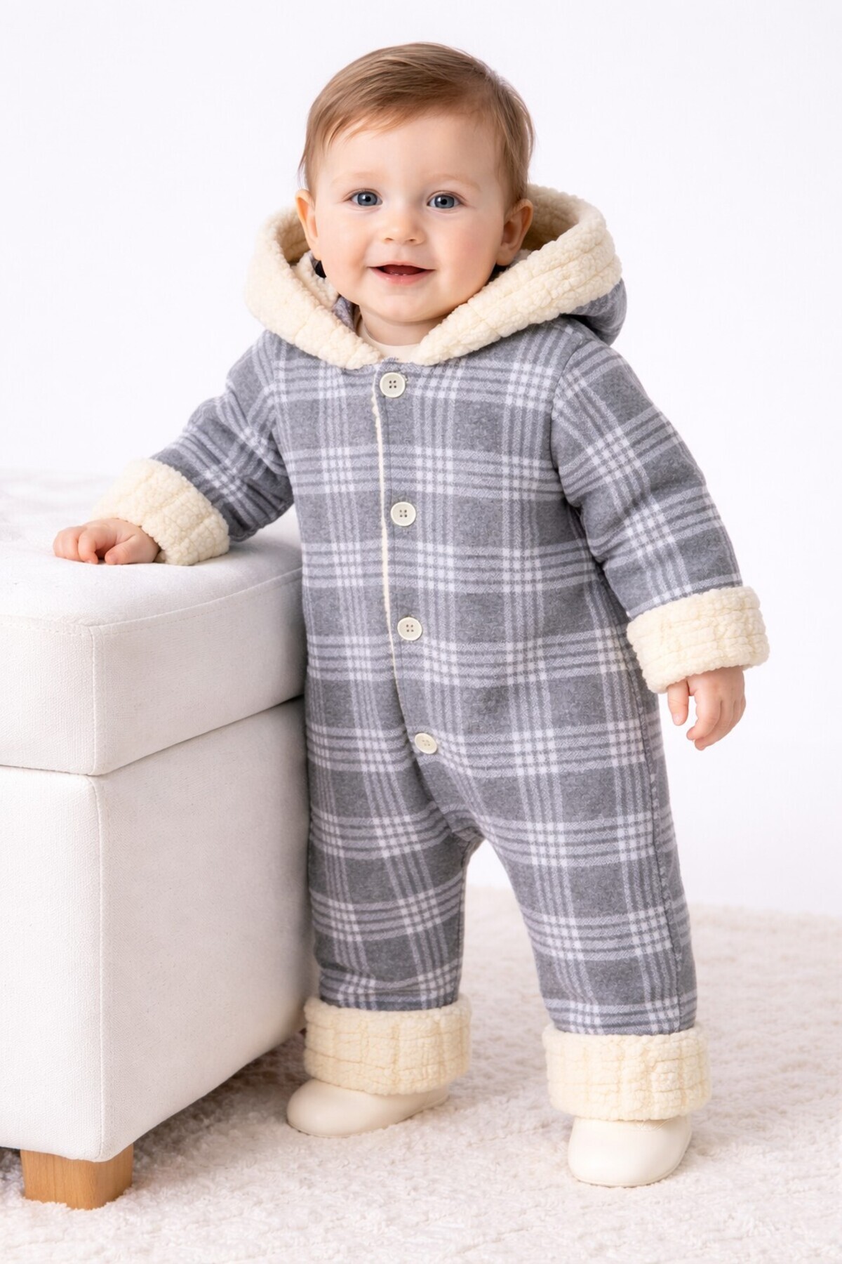 Chicsy Baby Kışlık Tatlı Kareli İçi Peluşlu Kapüşonlu Düğmeli Bebek Tulum fotoğrafı 2 (önizleme)