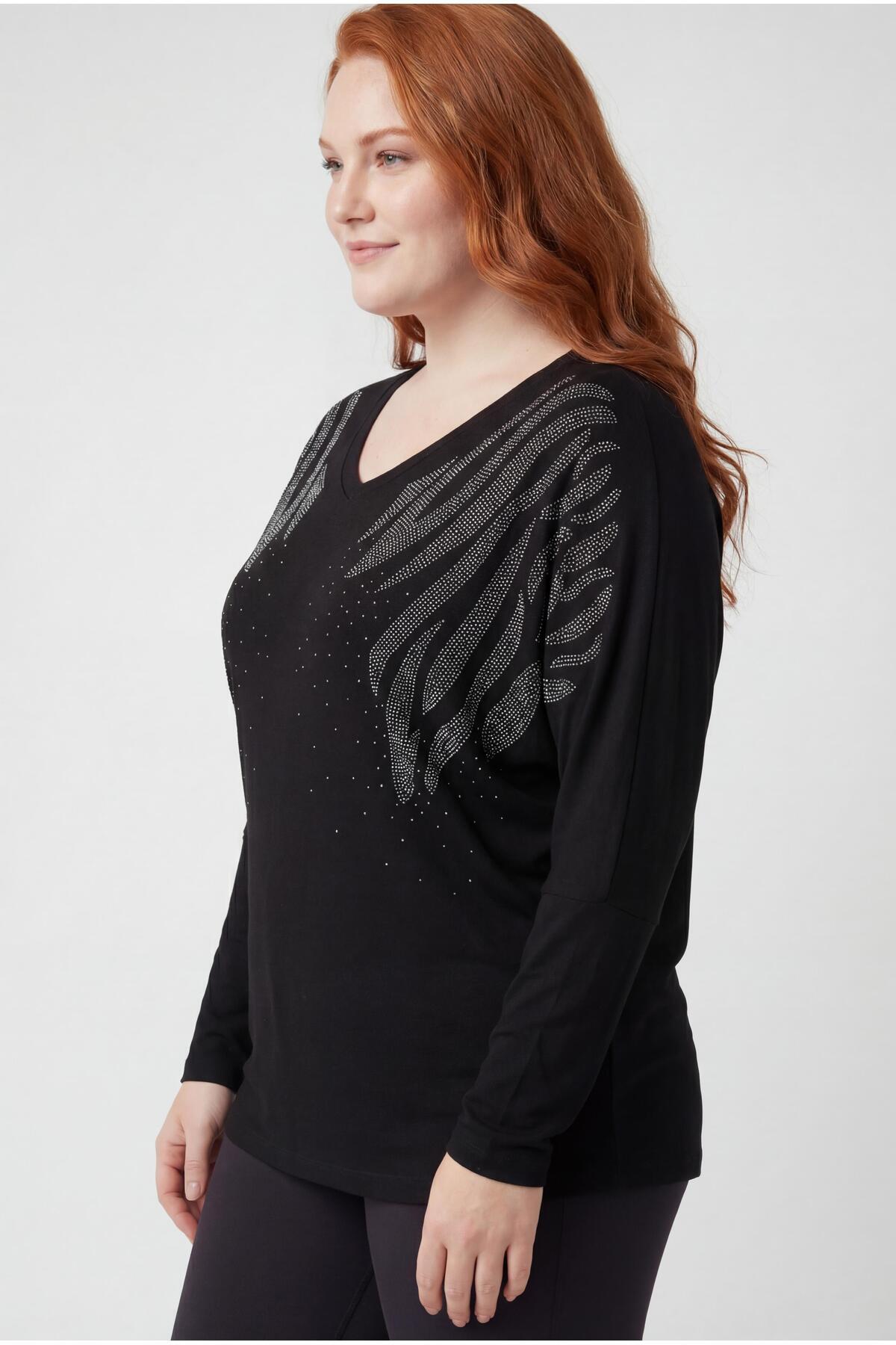 Ebsumu  Kadın Büyük Beden Yarasa Kol Taş Desenli Siyah Bluz - Görsel 4