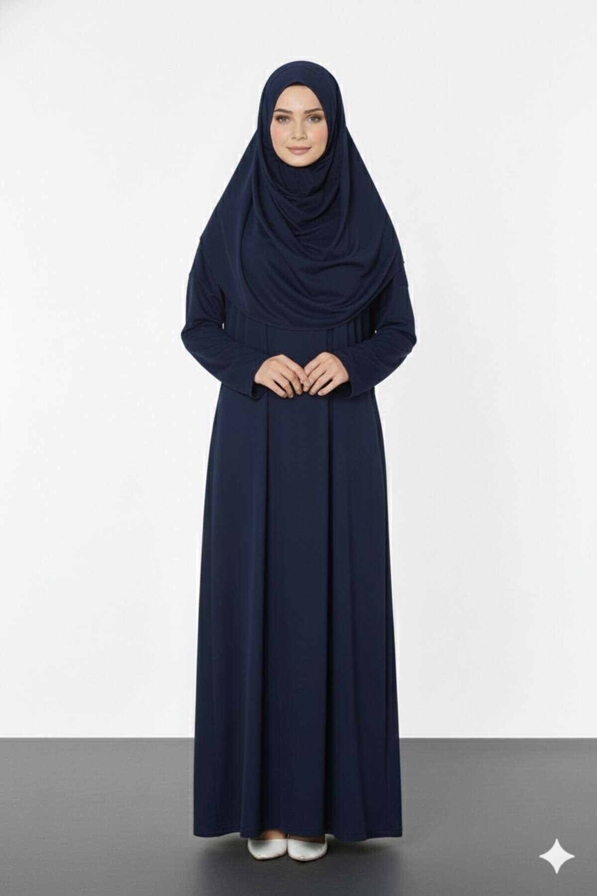 REY-VİA Kolay Giyilebilen Başörtülü Tek Parça Namaz Elbisesi Lacivert