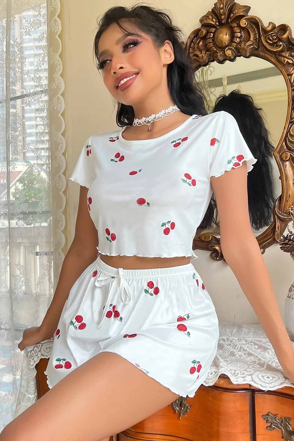 Merry See  Örme Yumuşak Kısa Kol Kiraz Basklı Sortlu Pijama Takımı - Görsel 5