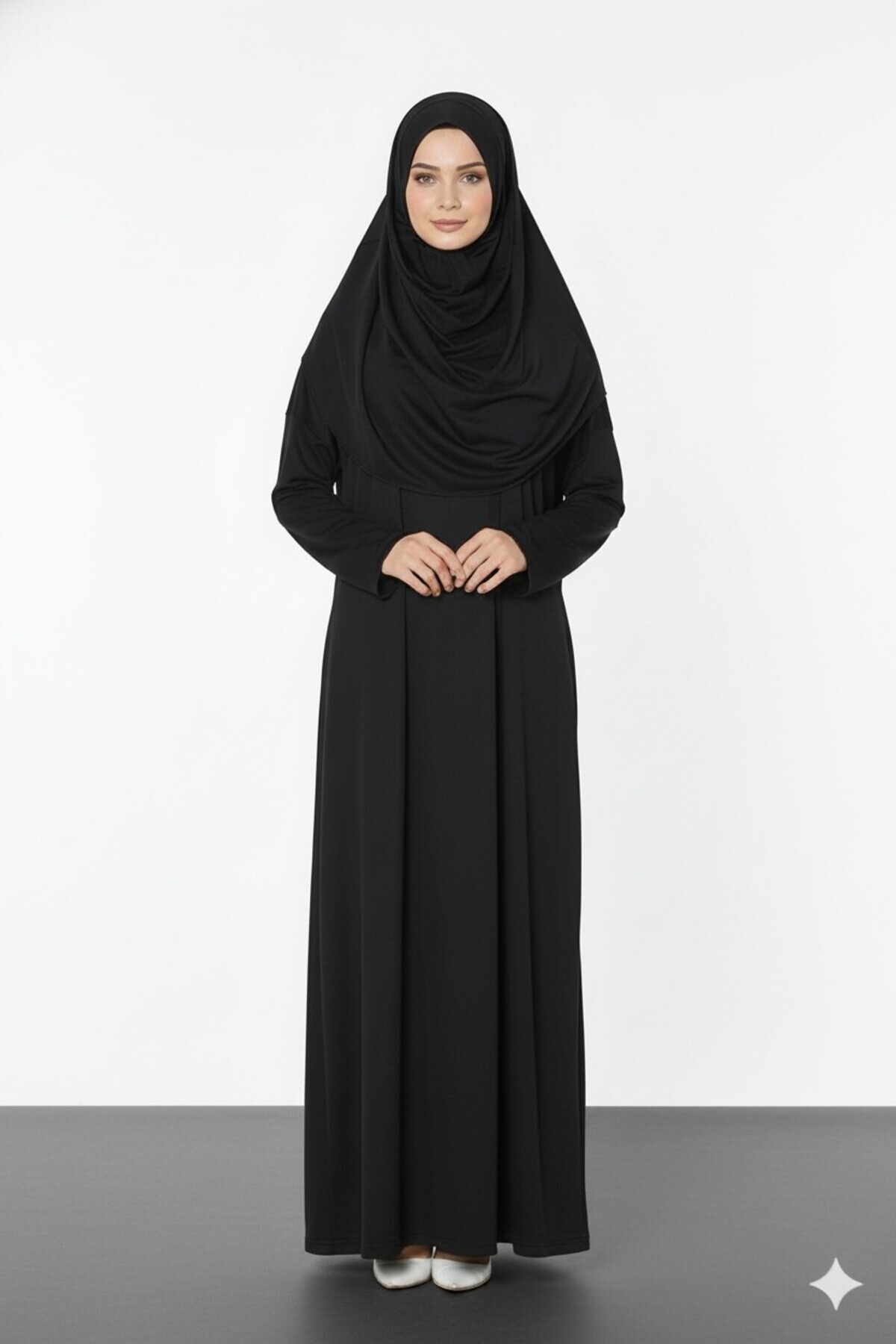 REY-VİA Kolay Giyilebilen Başörtülü Tek Parça Namaz Elbisesi Siyah