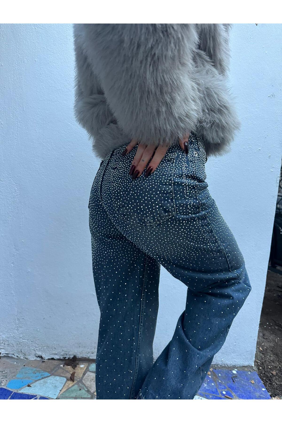 Gofeel  Diamond Taşlı Wide Leg Jean Pantolon - Görsel 5