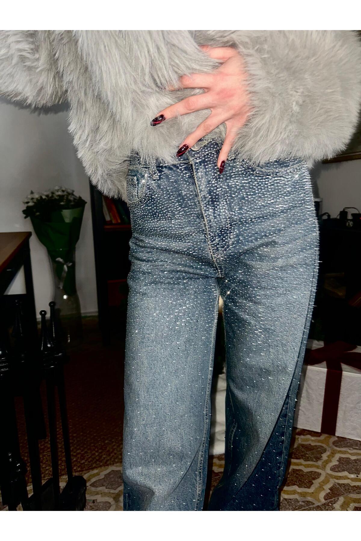 Gofeel  Diamond Taşlı Wide Leg Jean Pantolon - Görsel 3