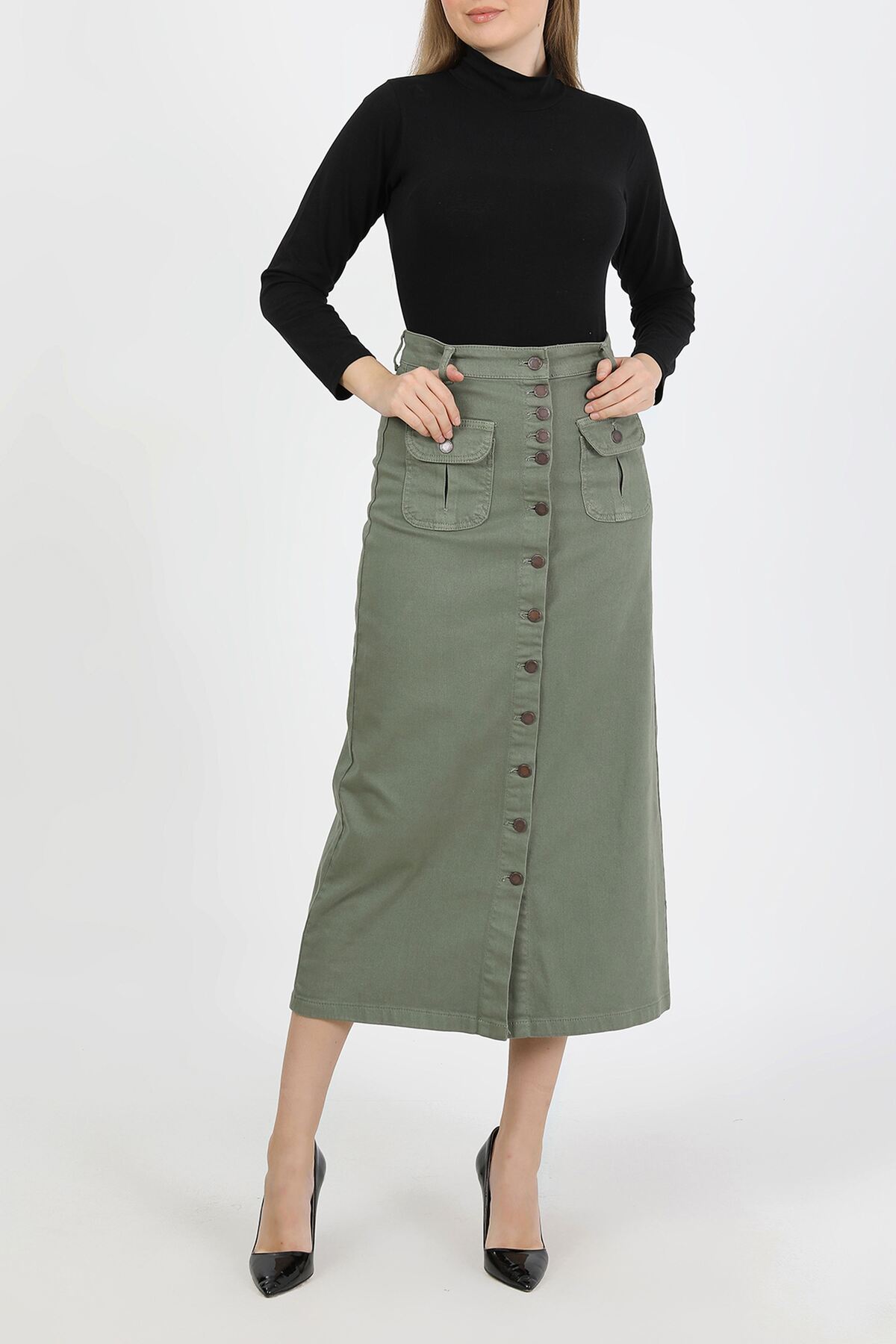 VELLICHOR  Boydan Düğmeli Körük Cepli Tesettür Etek Haki - Görsel 8