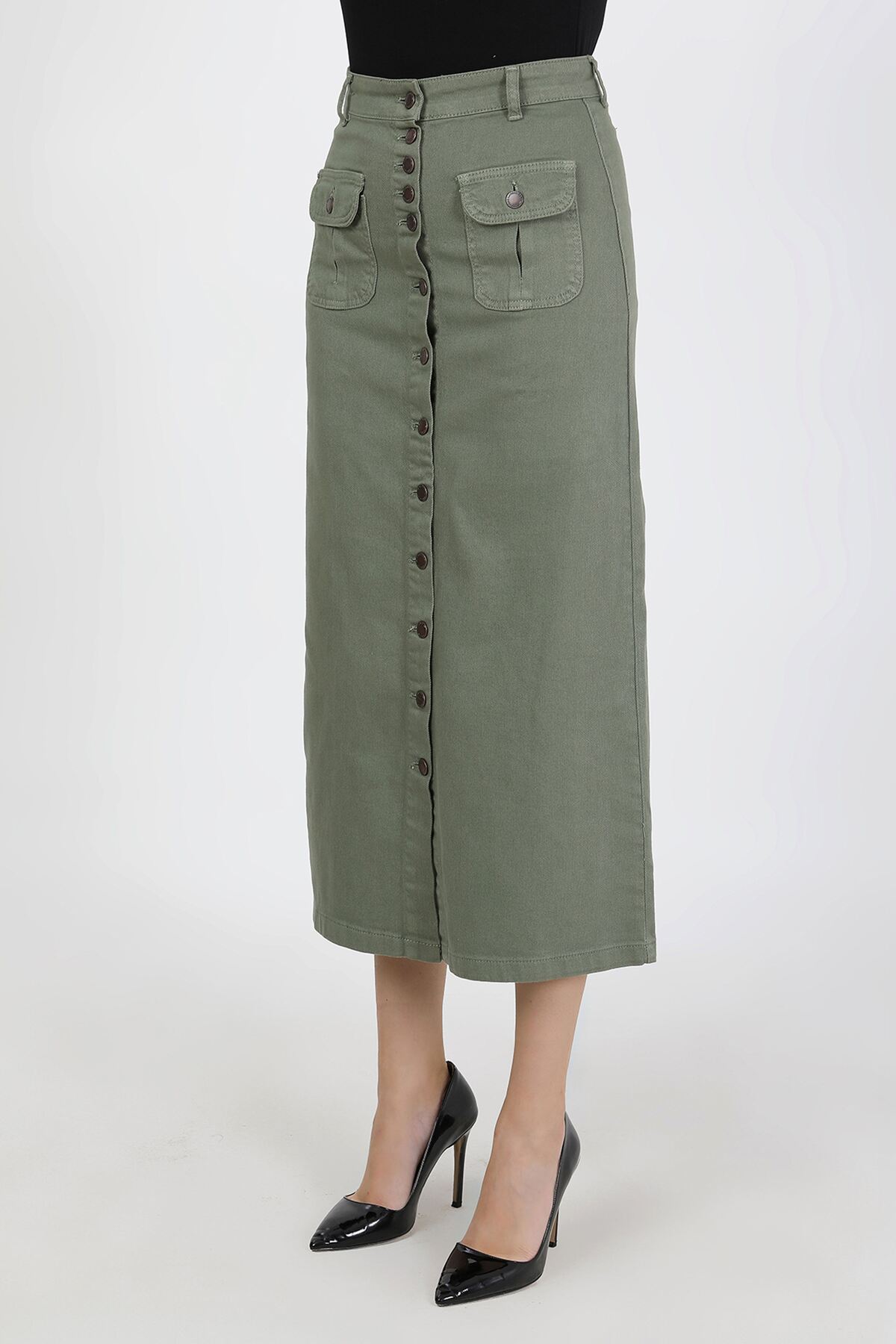 VELLICHOR  Boydan Düğmeli Körük Cepli Tesettür Etek Haki - Görsel 4