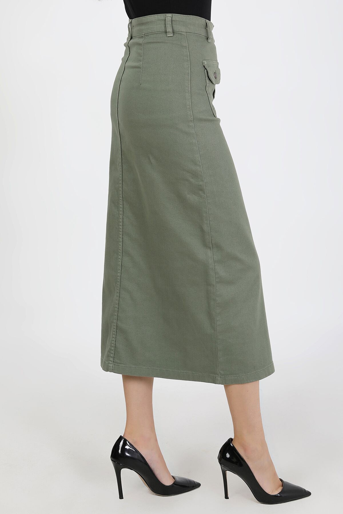 VELLICHOR  Boydan Düğmeli Körük Cepli Tesettür Etek Haki - Görsel 7