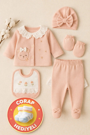 moukou %100 Pamuk Dantel Yakalı 5 Parça Çorap Hediyeli Kutulu Bebek Doğum Hed...