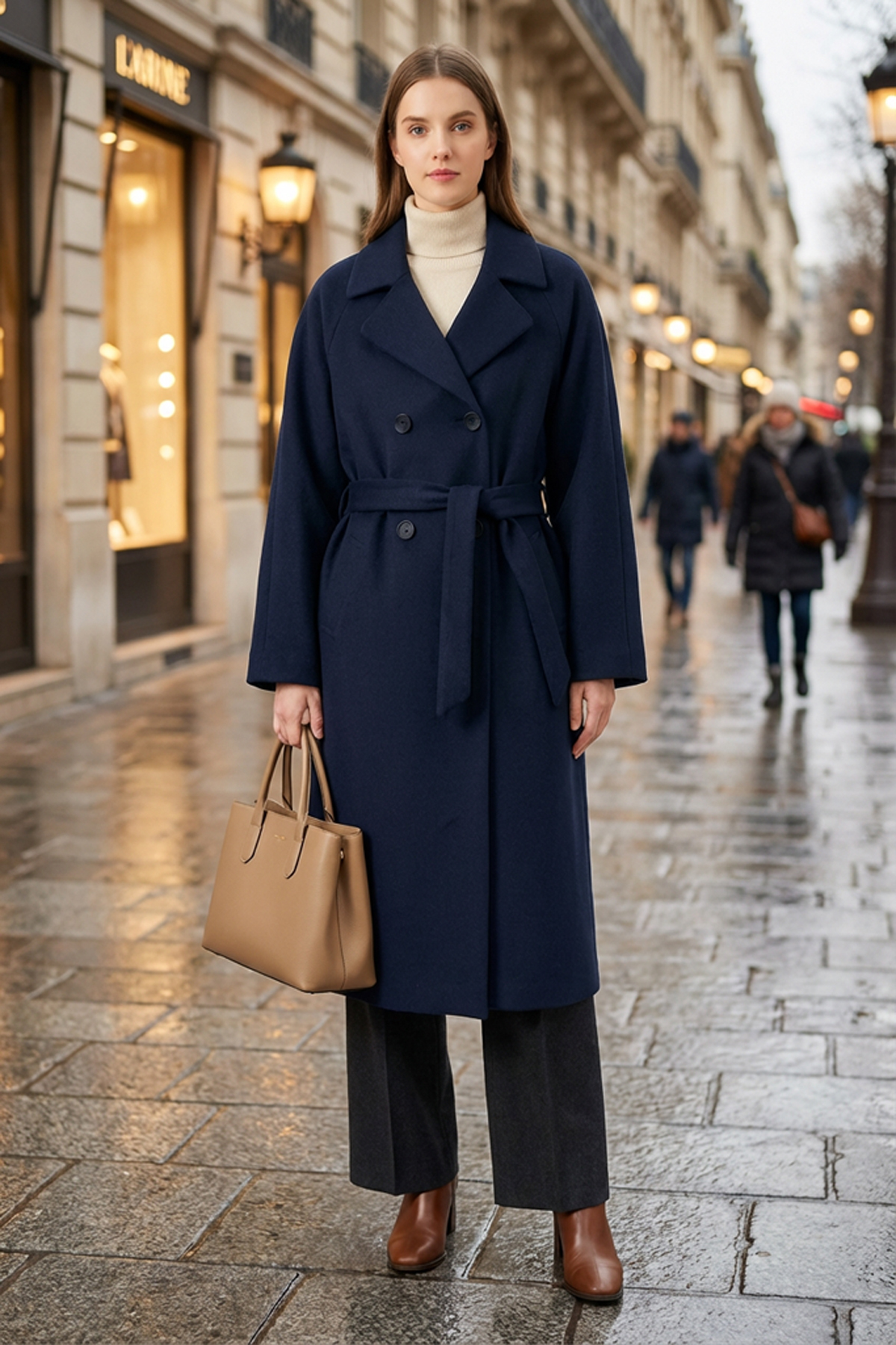 Soydan Güner  Kadın Oversize Kuşaklı Uzun Kaban (Gerçek Bedenden 2 Beden Büyük) Lacivert 2050 - Görsel 7