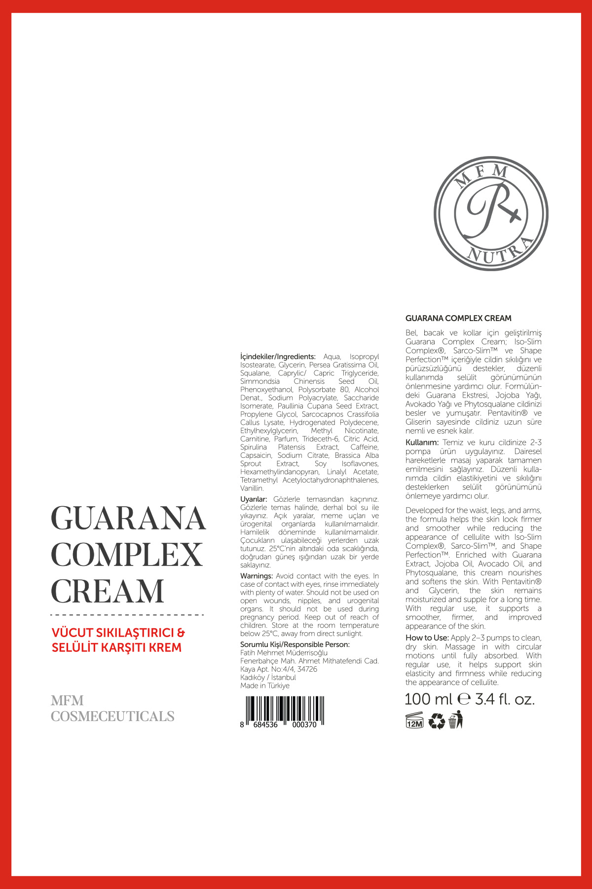 MFM Guarana Complex Cream – Sıkı Görünüm Destekleyici ve Anti-Selülit Bakım Kremi 100 ml — 8684536000370 — تصویر 8 از 8