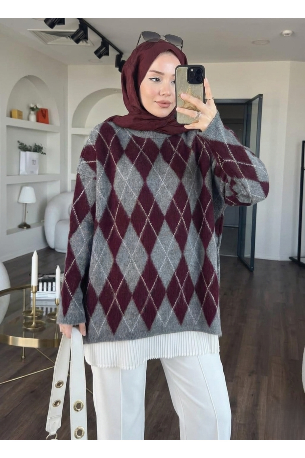 Baklava Desenli Oversize Şardonlu Triko Kazak