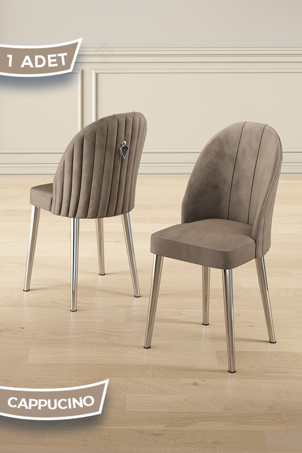 Canisa Mara Serisi 1 Adet Cappucino Mutfak Sandalyesi Krom Kaplama Metal Ayak 1. Sınıf Babyface Kumaş