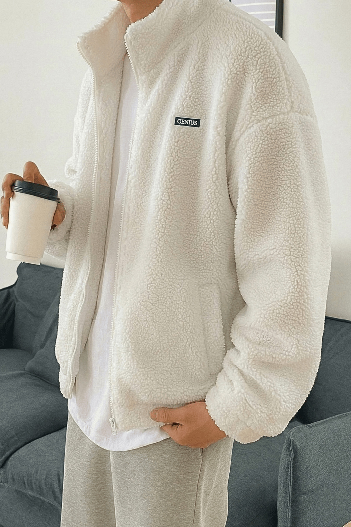 GENIUS STORE  Oversize Peluş Tam Fermuarlı Sweatshirt Peluş İçi Polarlı Sherpa Kumaş Sweatshirt - Görsel 2