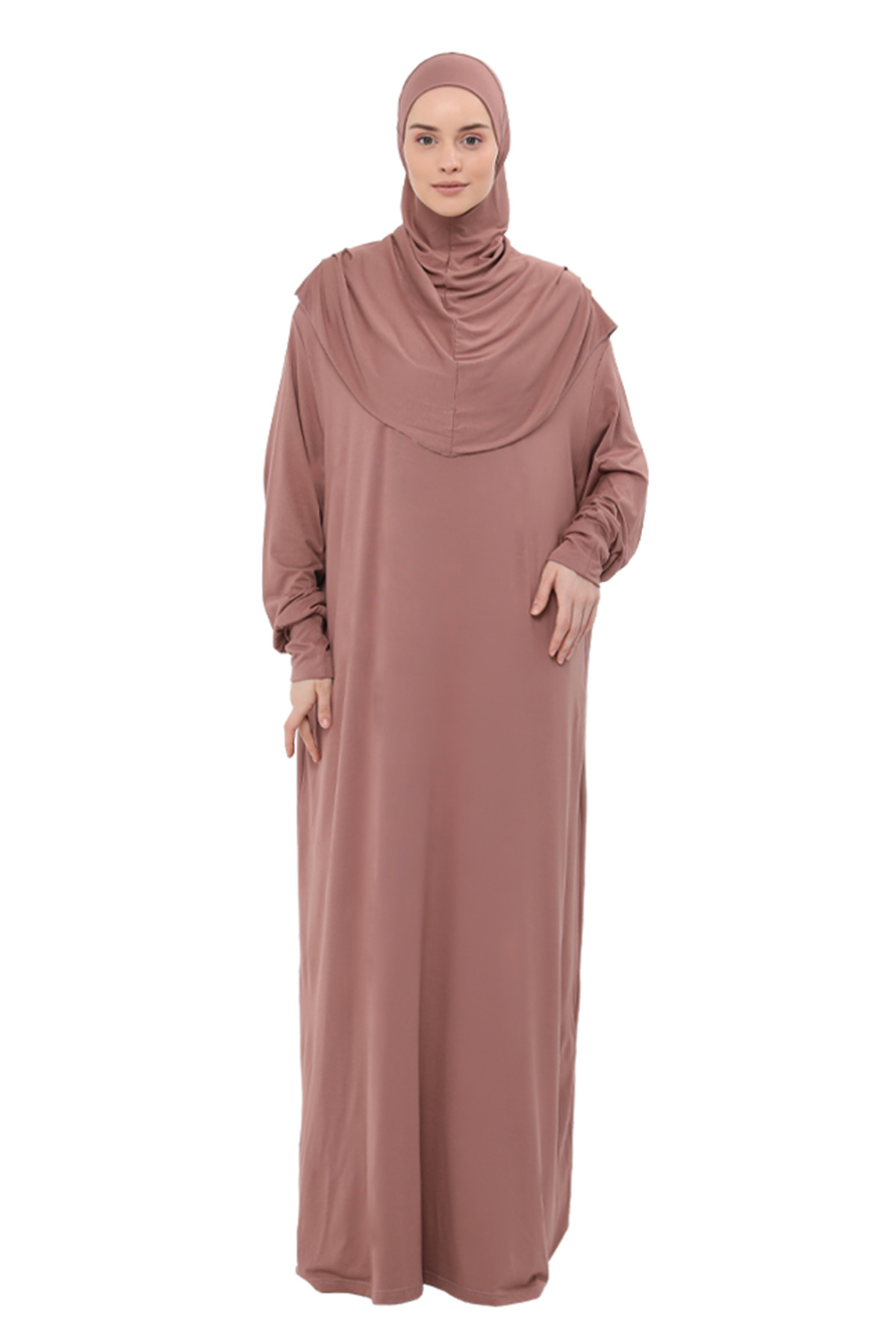 Altobeh  Pratik Tek Parça Pamuklu Yarasa Kollu Tak Çıkar Başörtülü Organik Namaz Elbisesi Toprak - Görsel 5