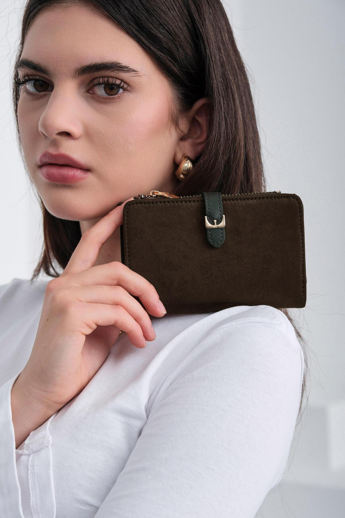 Shule Bags  Kemerli Alpha Cüzdan Süet Kahve - Görsel 5