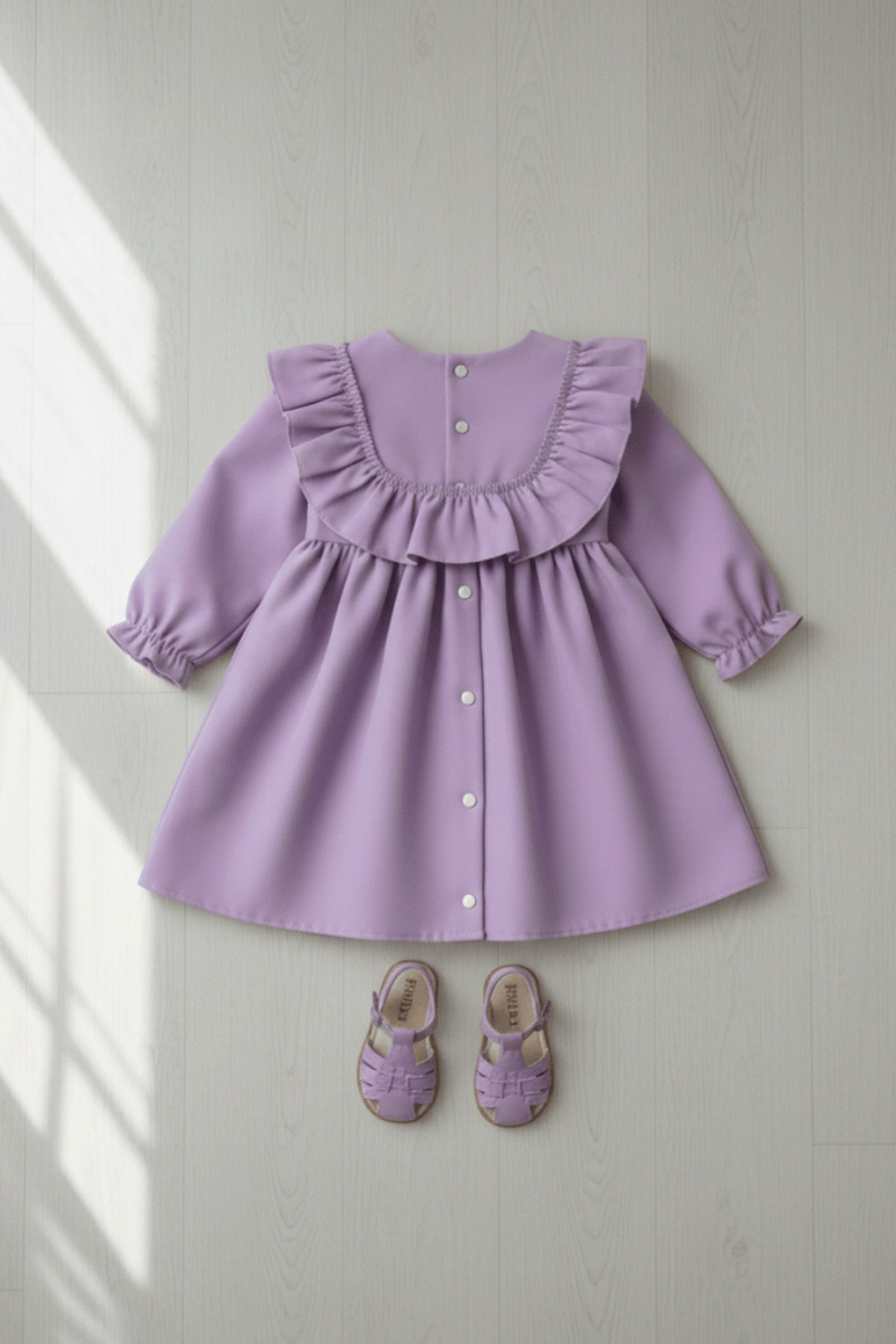 Bertuğ Bebek Fırfır Ve Kurdele Detaylı Lila Krep Tasarım Kız Çocuk Bebek Elbise fotoğrafı 3 (önizleme)