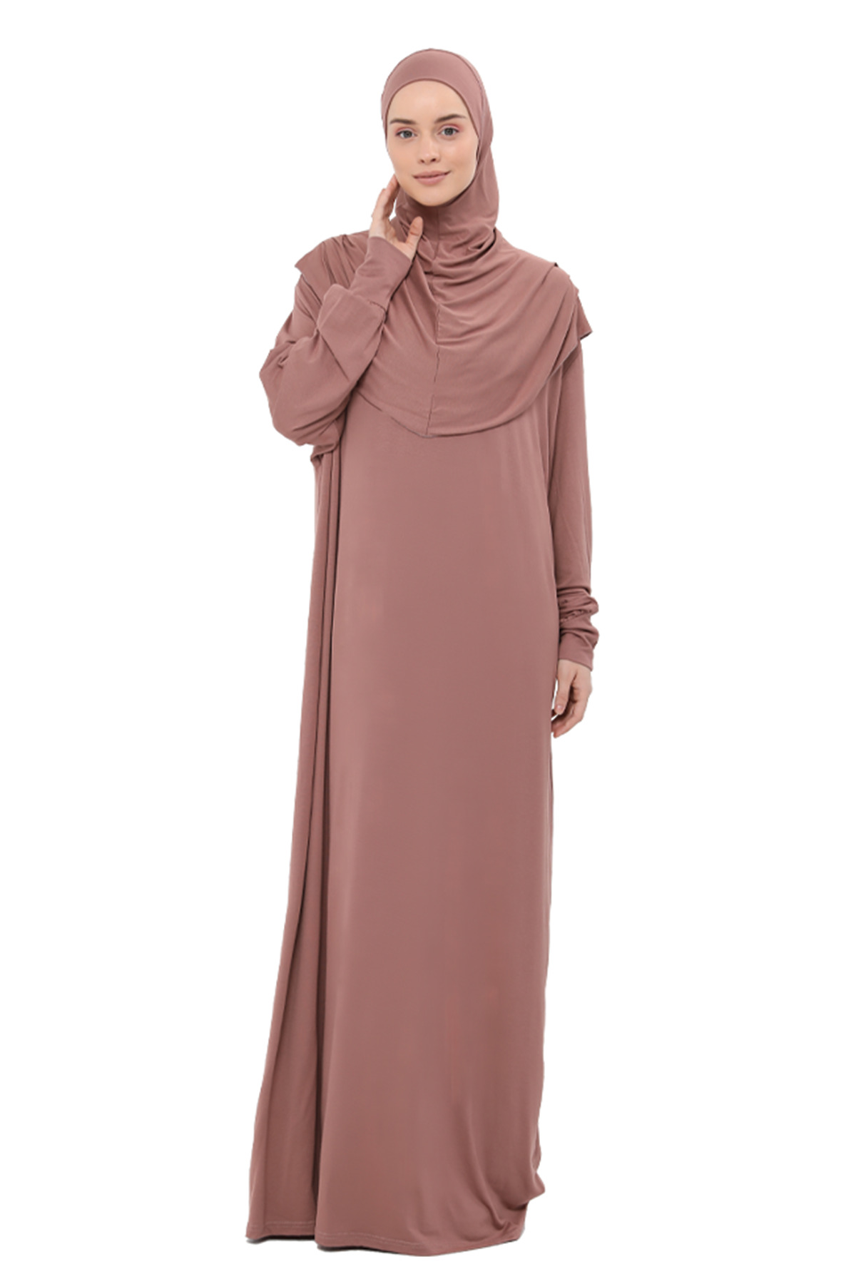 Altobeh  Pratik Tek Parça Pamuklu Yarasa Kollu Tak Çıkar Başörtülü Organik Namaz Elbisesi Toprak - Görsel 7