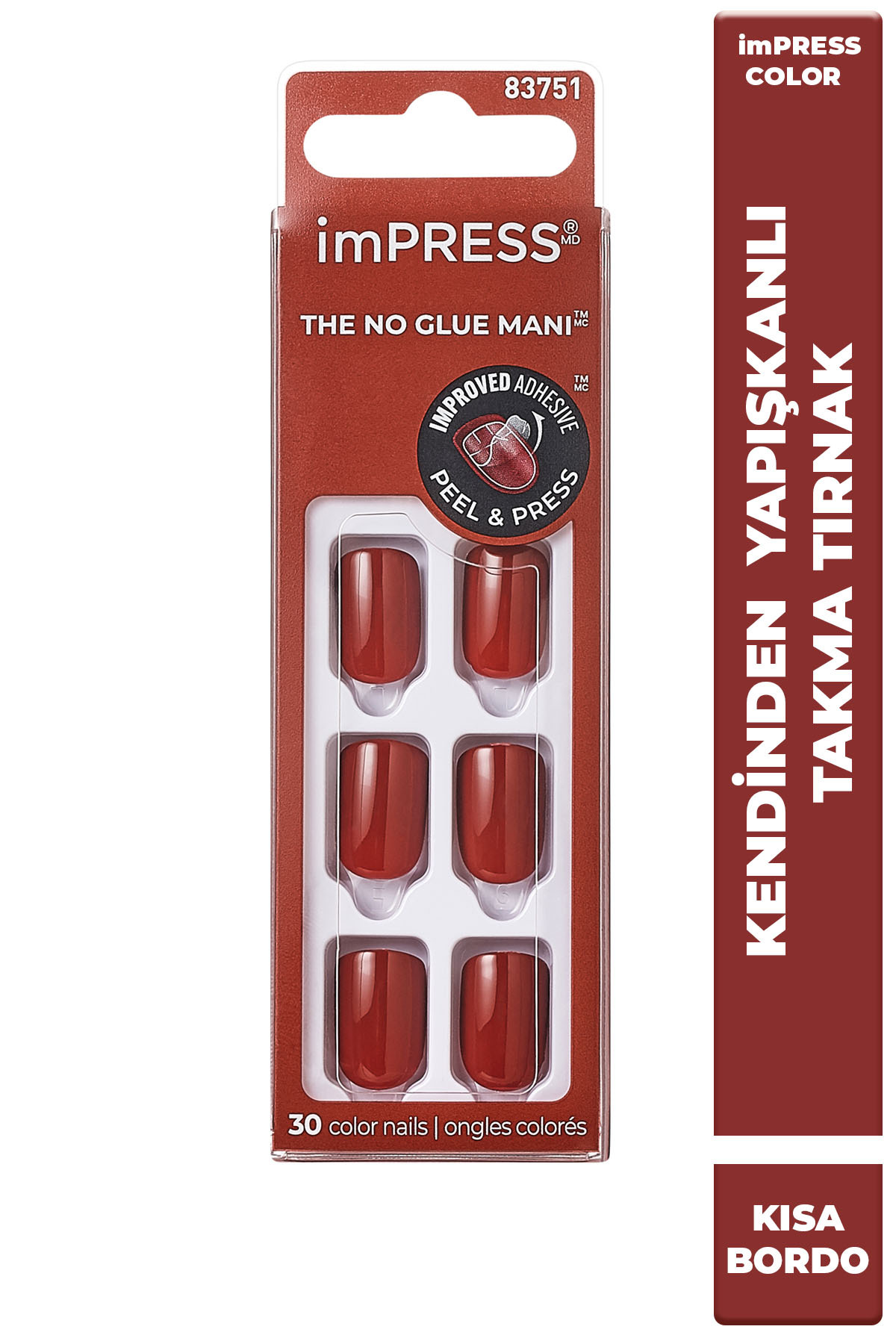 Impress Color Kendinden Yapışkanlı Takma Tırnak Kısa Parlak Bordo