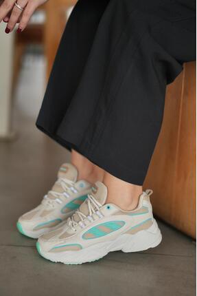 SOLAZER Kadın Bej Yeşil Sneaker Günlük Spor Ayakkabı 047