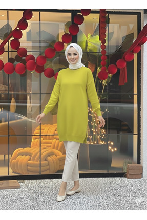 Gioni Koyu Yağ Yeşili Bisiklet Yaka Merserize Salaş Triko Tunik