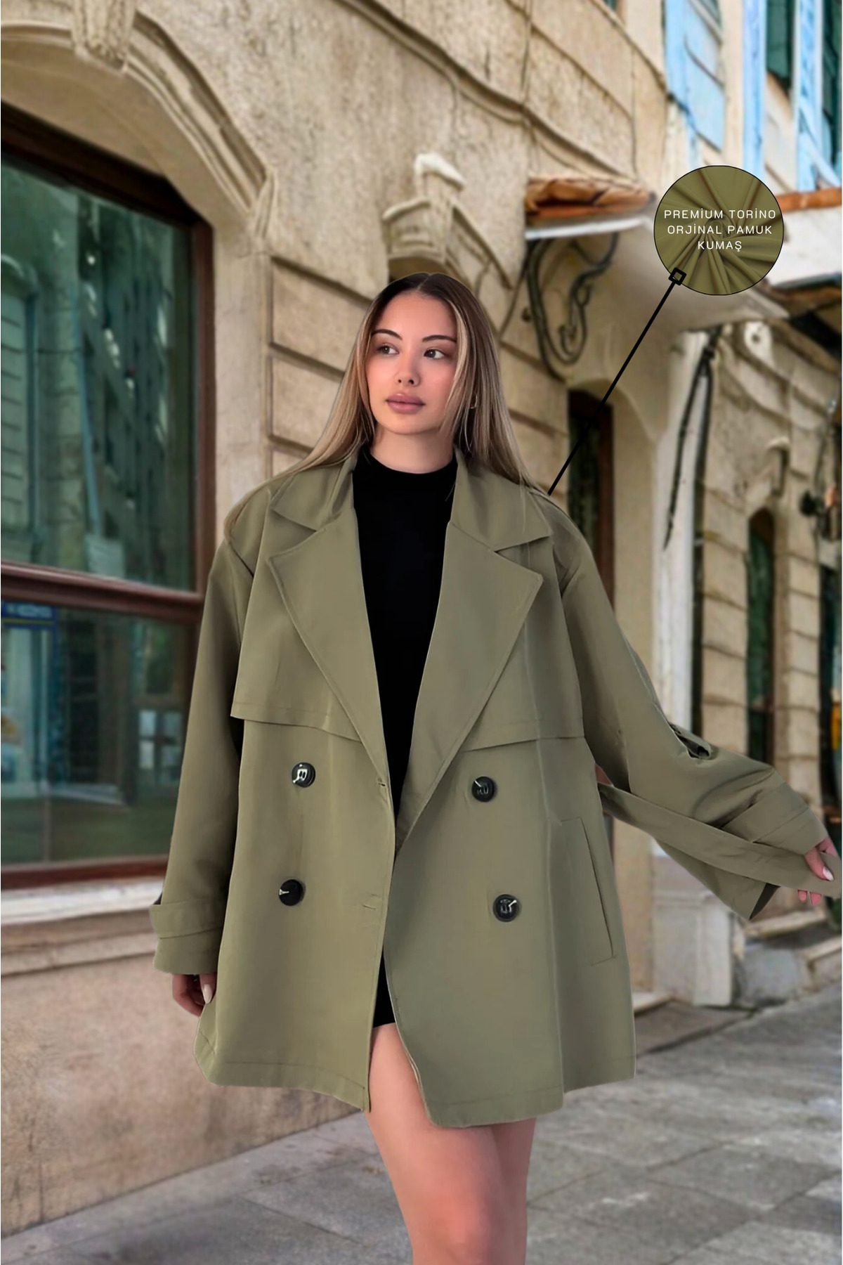 Modark Kadın Haki Kuşaklı Kısa Rüzgarlıklı Kruvaze Trençkot