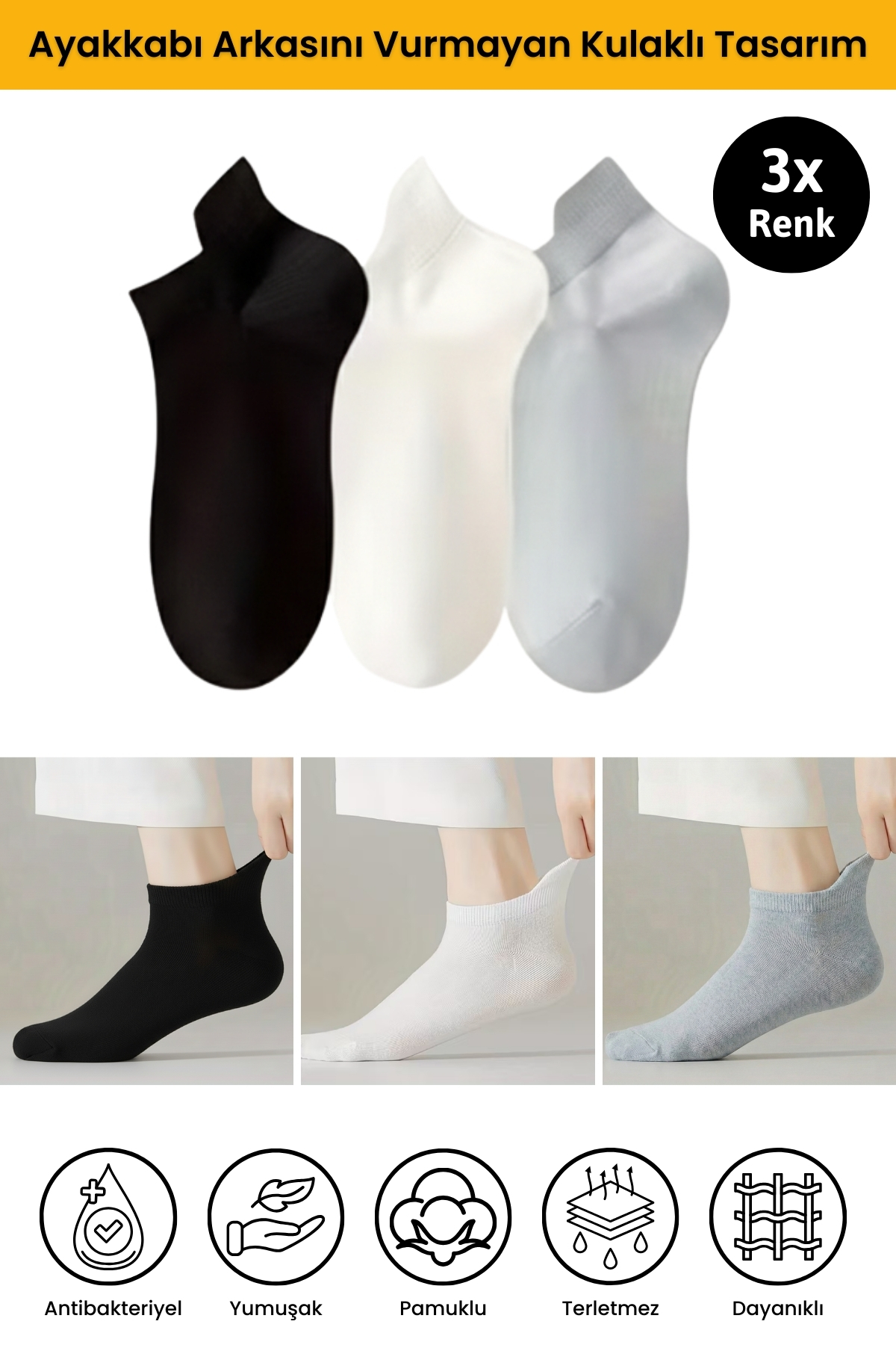 Original 3 Double Ears Comfort Model Sweat Absorbent Sports Shoes Sneaker Premium Cotton Booties Socks