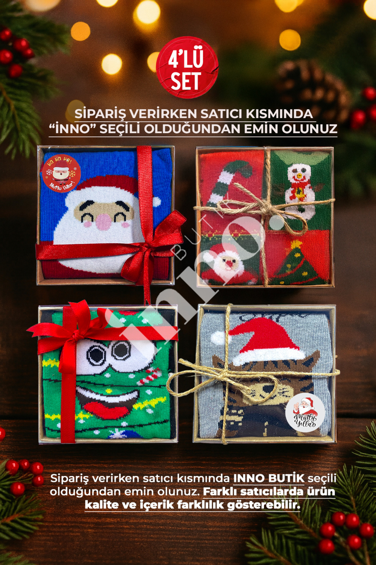 Inno Yılbaşı Desenli Kraft Kutulu Çorap 4'lü Set (BİREBİR DESEN)