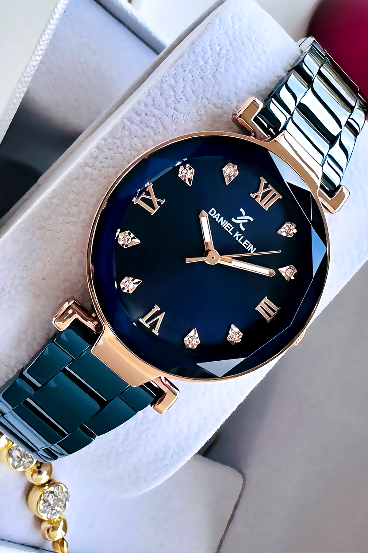 Daniel Klein Kesme Cam Kadın Kol Saati 3 Atm Su Geçirmez Lacivert Çelik Kordon Bileklik Hediyeli DKBH5186C1