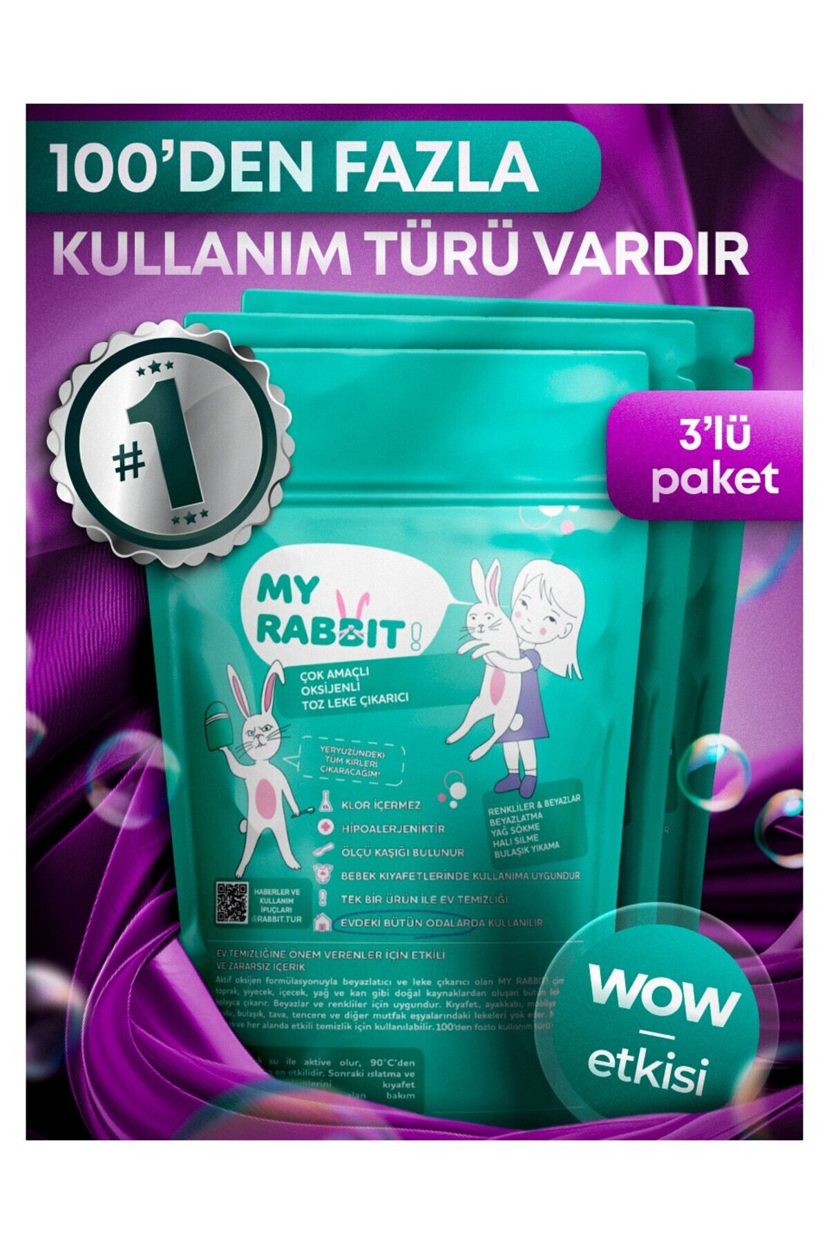 My Rabbit! Çamaşır Ve Yüzey Için Çok Amaçlı Oksijenli Toz Leke Çıkarıcı ve beyazlatıcı 3'lü Paket 3 X 800 gr