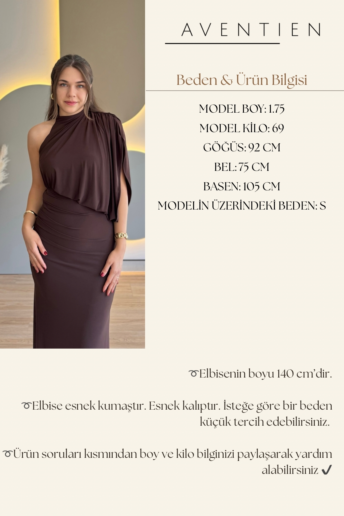 Tek Omuz Dökümlü Zarif Kahverengi Uzun Elbise