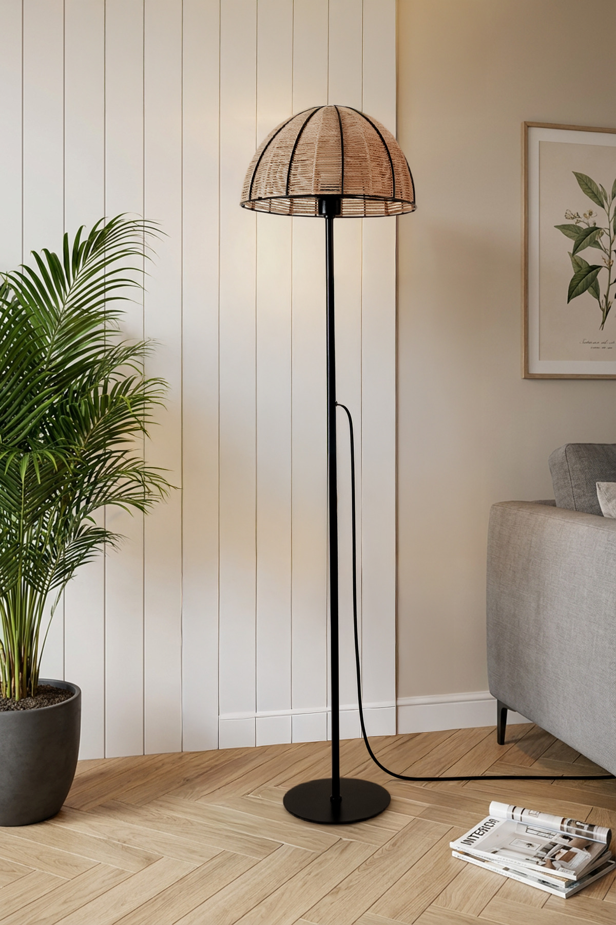 Marrien Linea Siyah Metal Ayaklı Doğal İp Başlıklı Lambader - 35cm Geniş Başlık Bohem Salon Lambası