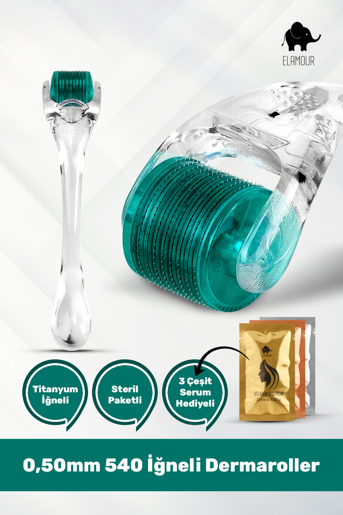 ELAMOUR - Orijinal Titanyum İğneli - 0,50mm 540 İğneli Saç Ve Cilt Bakım Dermaroller - Serum Seti Hediyeli