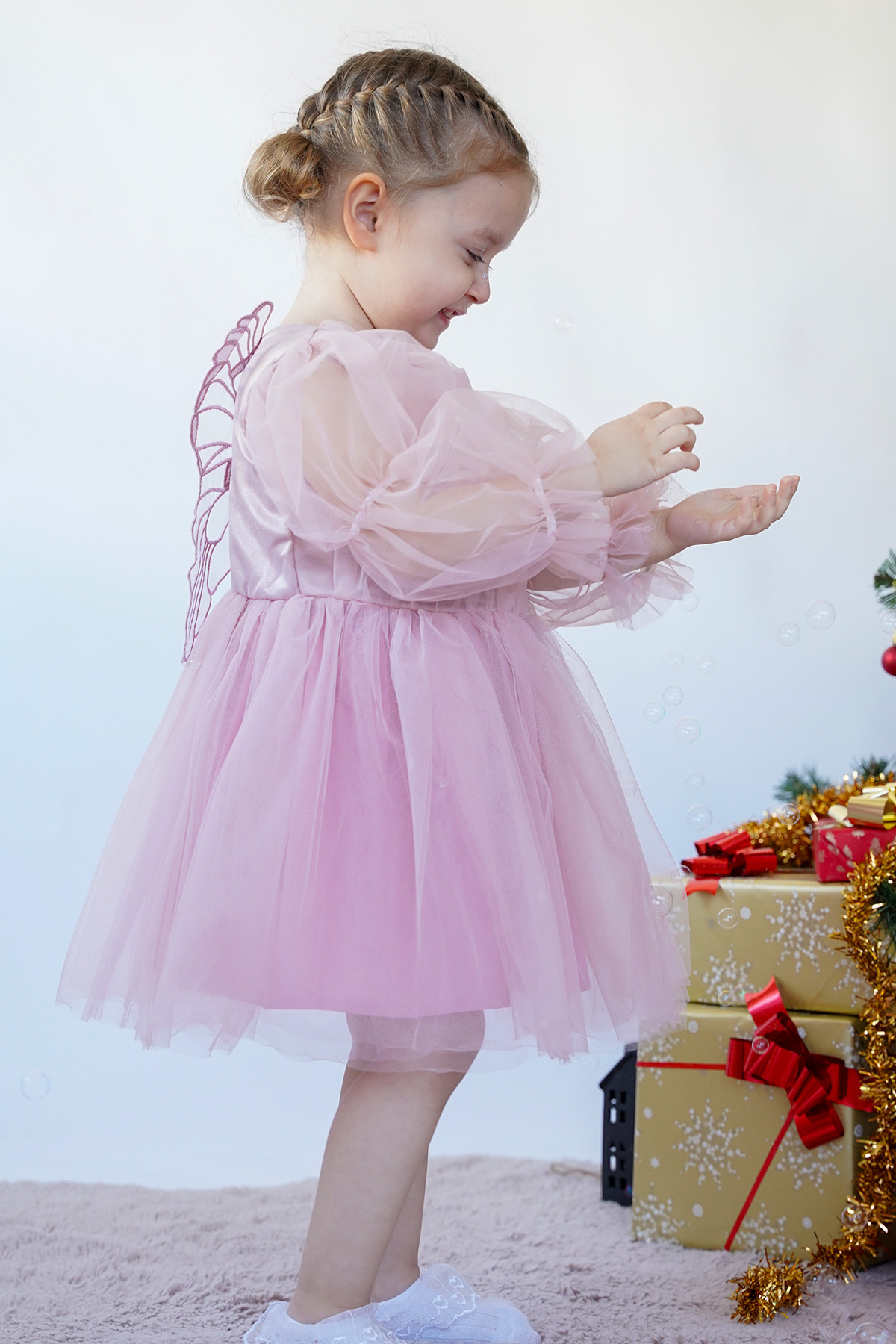 ALYRA Kız Bebek Çocuk Uzun Kollu Kanatlı Doğum Günü Parti Düğün Özel Gün Tüllü Tütü Astarlı Prenses Elbise fotoğrafı 6 (önizleme)