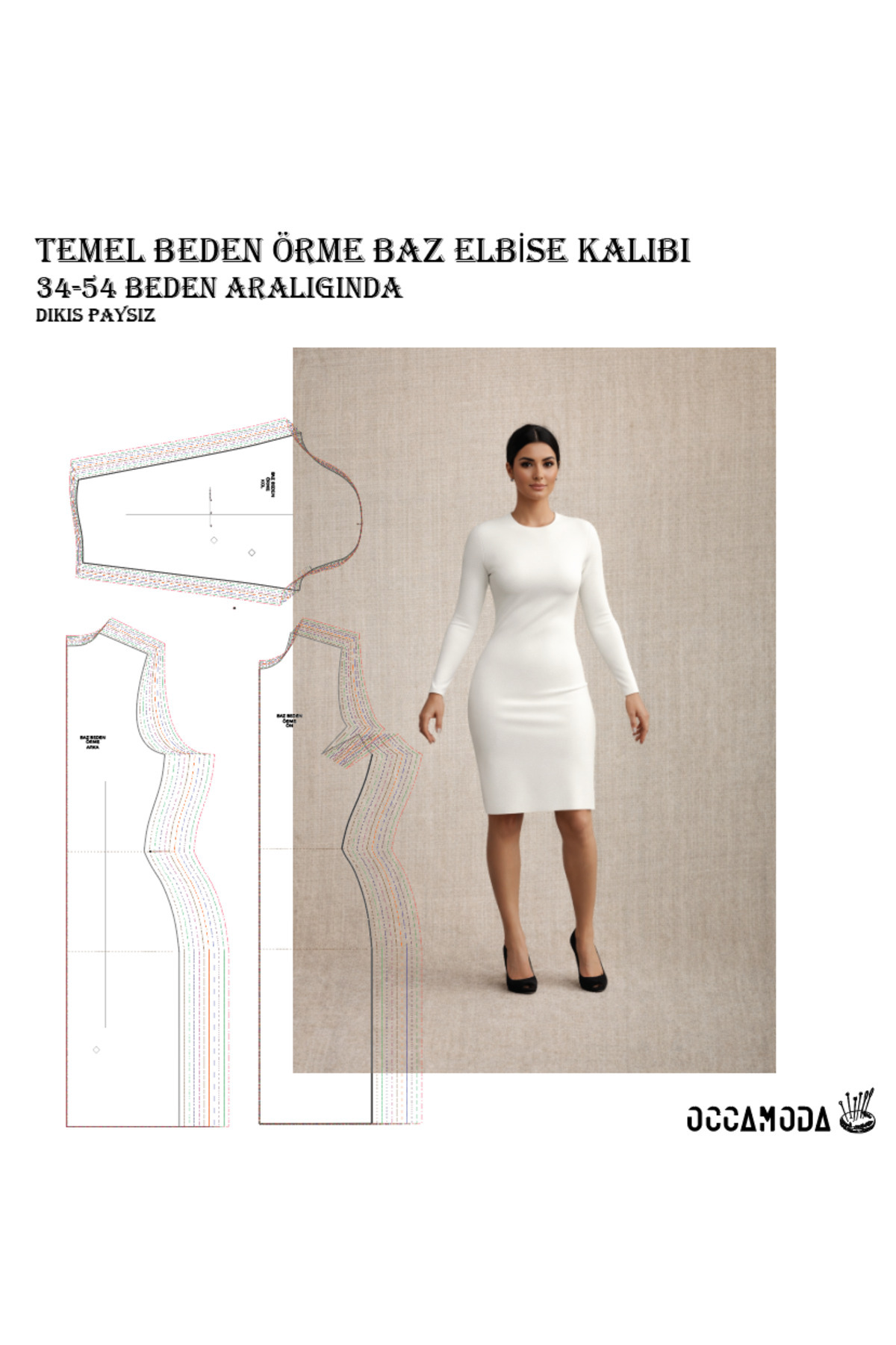 Handmade Temel Beden Baz Elbise Kalıbı, XS-7XL Serili Beden, Örme Kumaşlar İçin