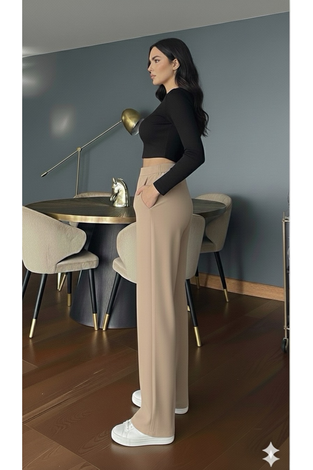 Genel Markalar  Kadın Bej Yüksek Bel Palazzo Pantolon Pileli Düğme Detaylı Bol Kesim Likralı Kumaş Pantolon - Görsel 2