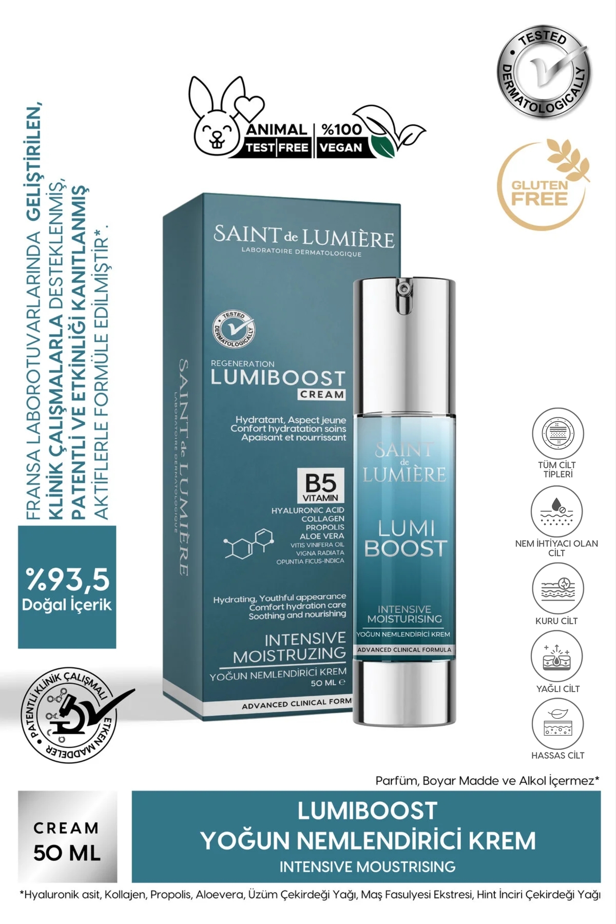 SAINT DE LUMIERE LUMIBOOST 72 Saat Etkili Nem Koruyucu Nemlendirici, Yaşlanma Karşıtı Krem 50ml-Kolajen,B5,Hyaluronik