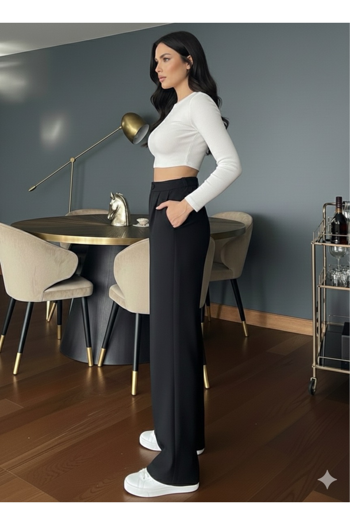 Genel Markalar  Kadın Siyah Yüksek Bel Palazzo Pantolon Pileli Düğme Detaylı Bol Kesim Likralı Kumaş Pantolon - Görsel 2