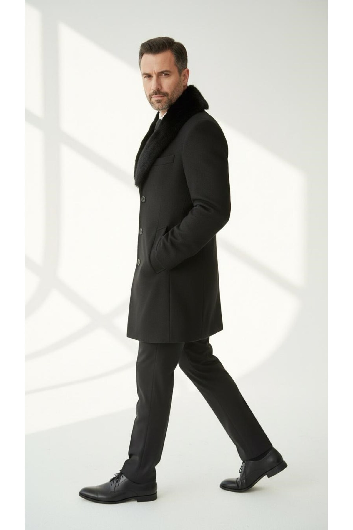 Plus Scorpion  Erkek Uzun Kaşe Kaban – Çıkartılabilir Kürk Yaka, Astarlı ve Cepli Slim Fit Mont (Bej, - Görsel 4