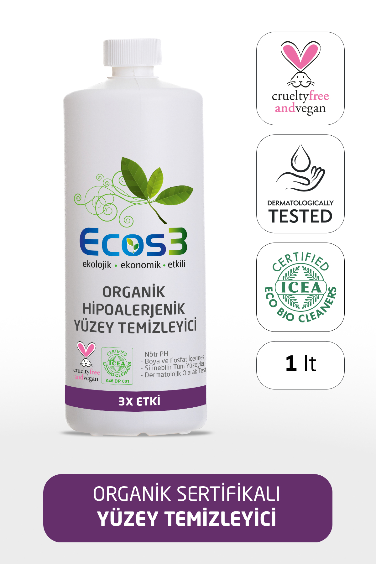 Ecos3 Organik Yüzey Temizleyici, Hipoalerjenik, Vegan Sertifikalı, Ekolojik, Evcil Hayvan Dostu, 1000 ml