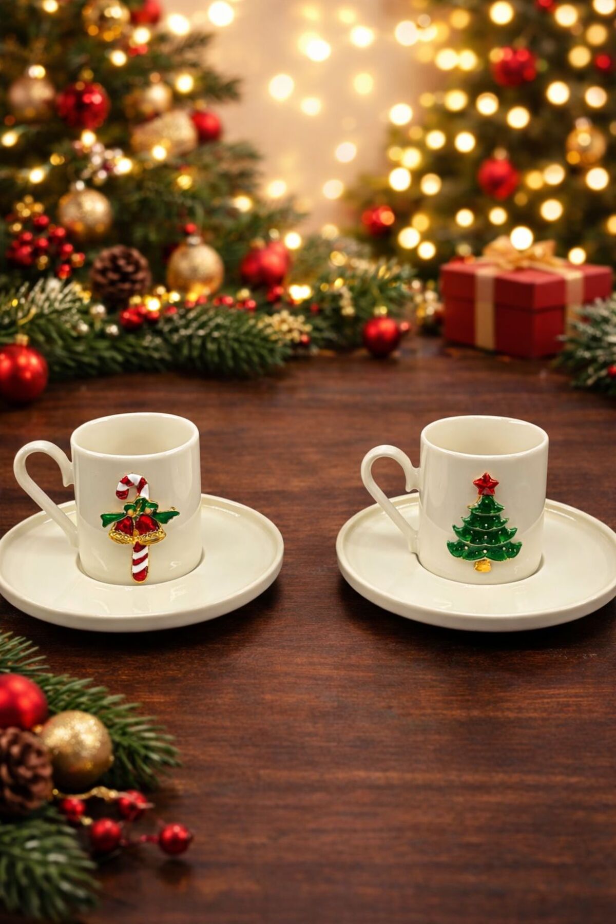 YzHome 2 Kişilik Porselen Yılbaşı Metal Figürlü Kahve Fincan Takımı Seti Yeni Yıl Hediyesi 90ml